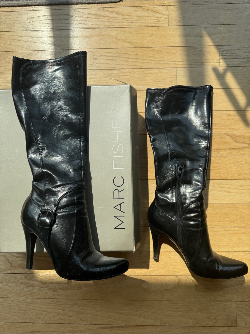 Marc Fisher Black Synthetic Leather Mid-Calf Heeled Boots with Buckle Detail